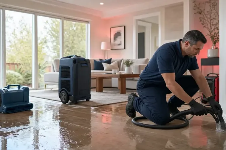 Technician running an extraction wand next to an air mover and a dehumidifier in a carpeted living room after a leak
